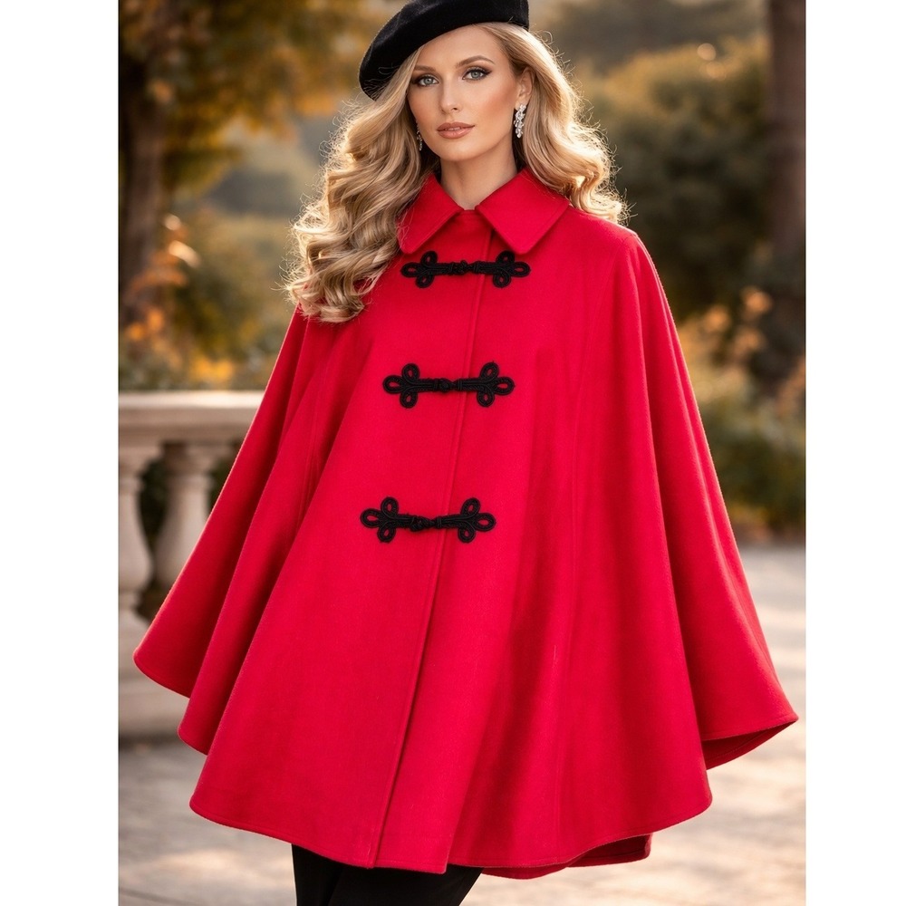 Vintage Red Wool Cape Coat Poncho‎ Toggle Closure Collar Loring Large